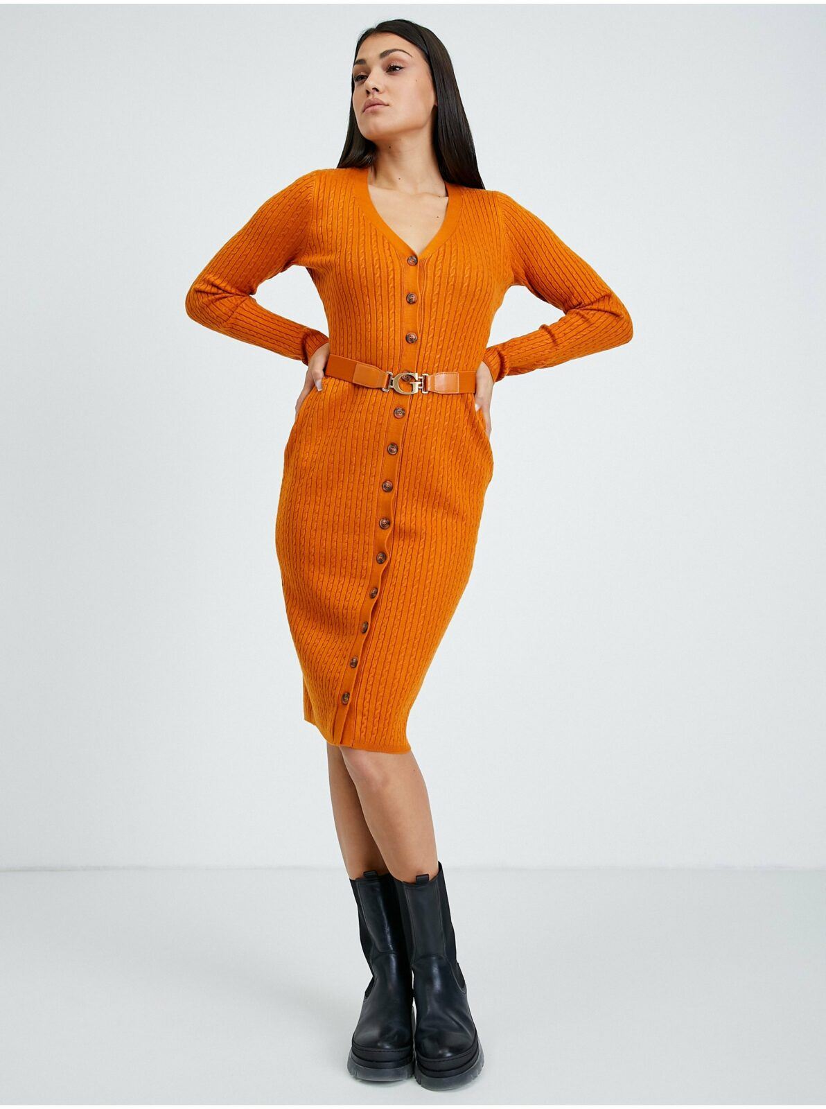 Oranžové pouzdrové svetrové šaty Guess