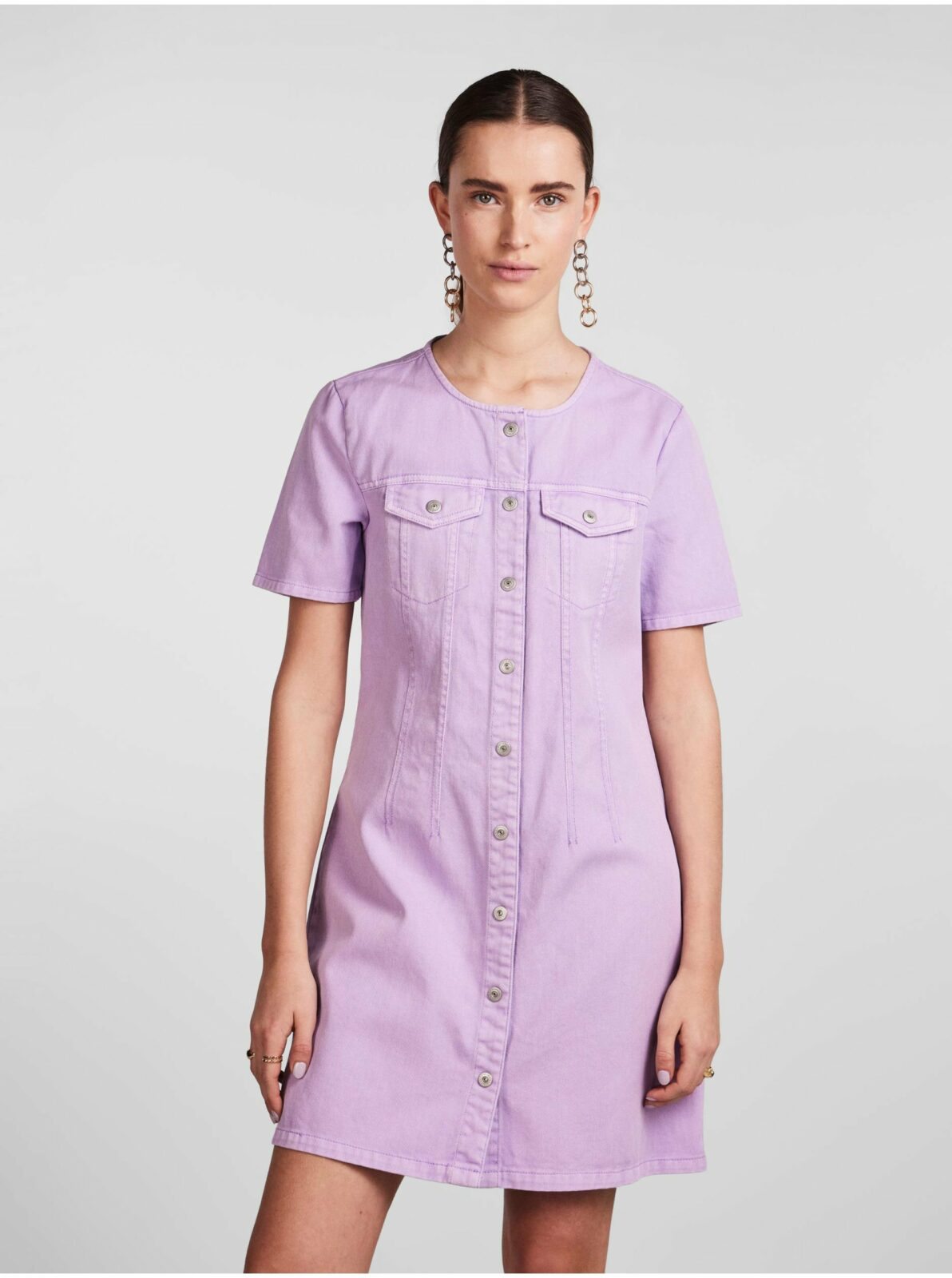Světle fialové dámské džínové košilové šaty