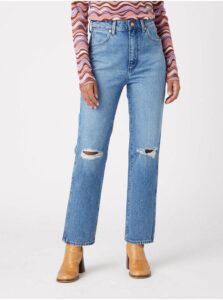 Modré dámské straight fit džíny s potrhaným
