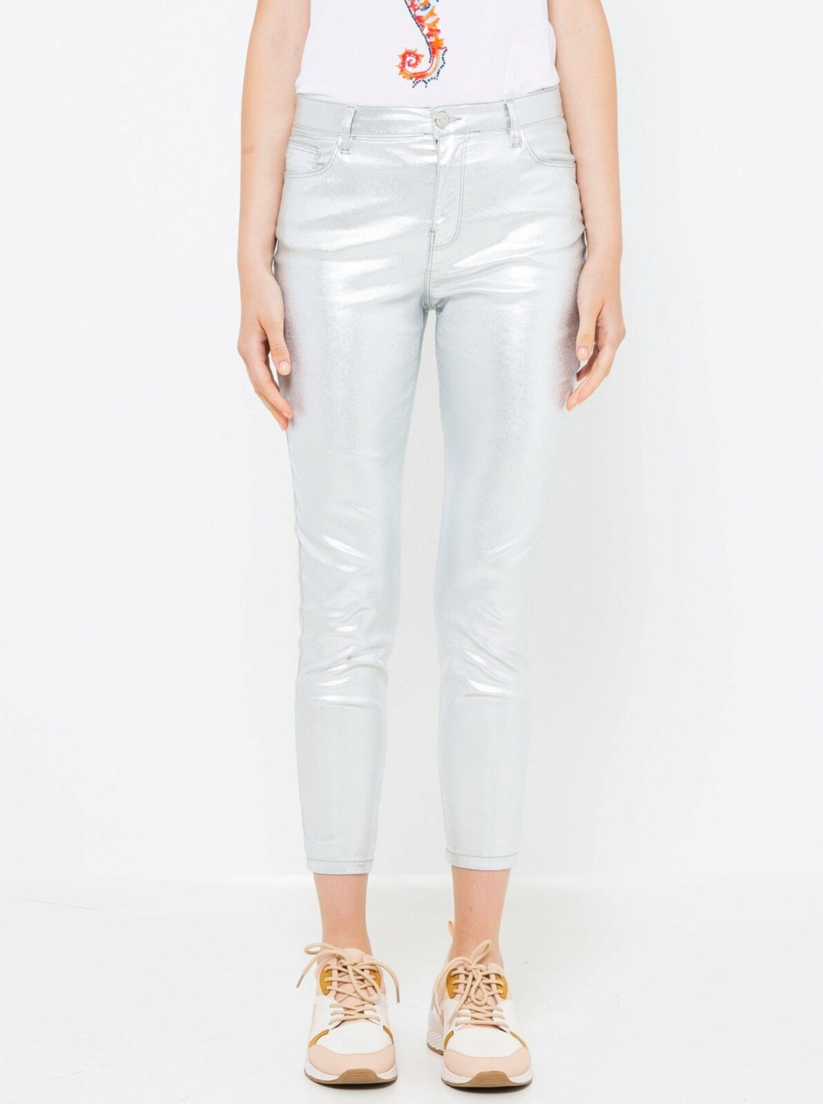 Lesklé zkrácené kalhoty ve stříbrné barvě