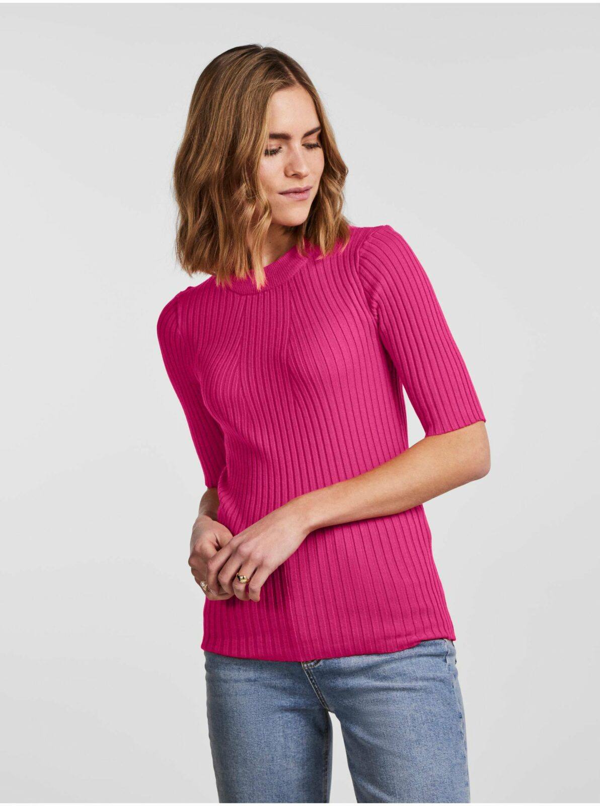 Tmavě růžový dámský žebrovaný lehký svetr