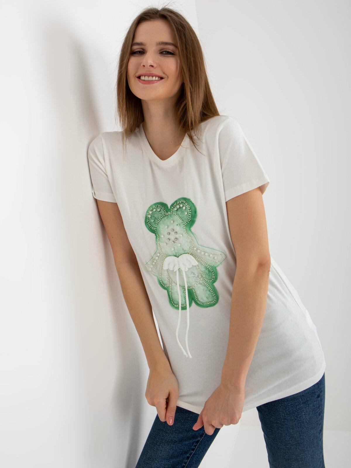 Ecru-zelené bavlněné dámské tričko s