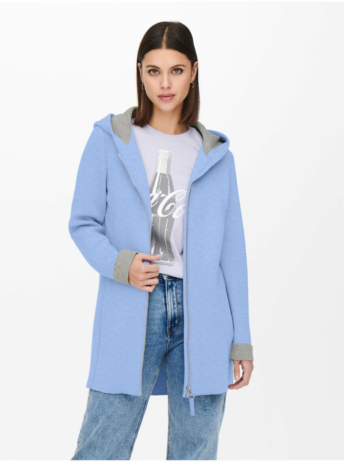 Modrý dámský lehký kabát s kapucí