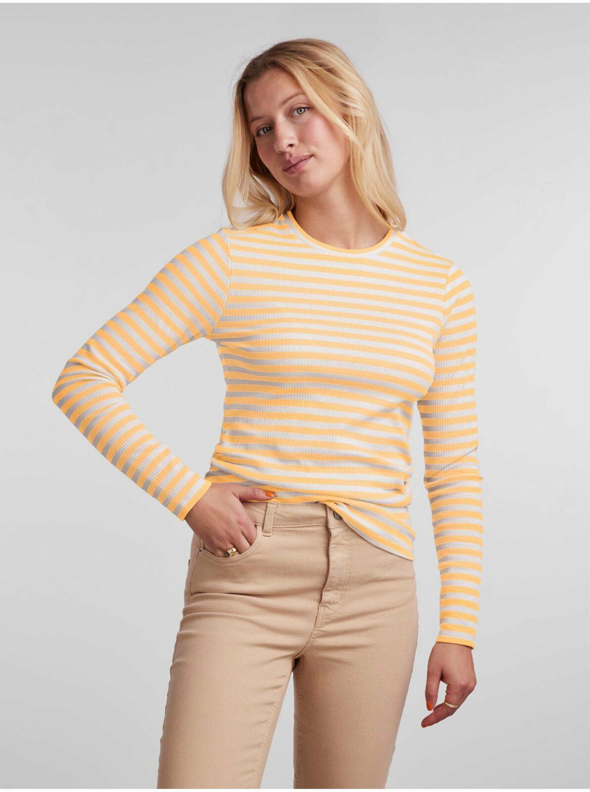 Žluté dámské pruhované basic tričko s dlouhým