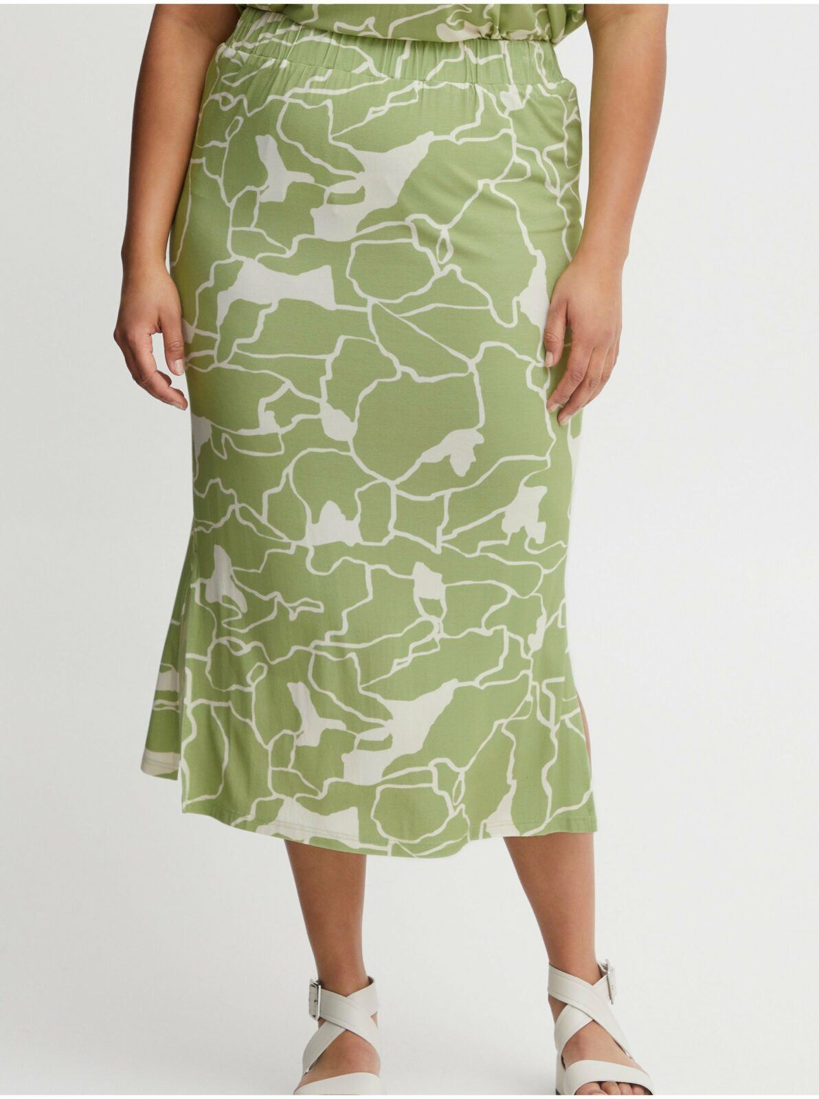 Bílo-zelená dámská vzorovaná midi sukně