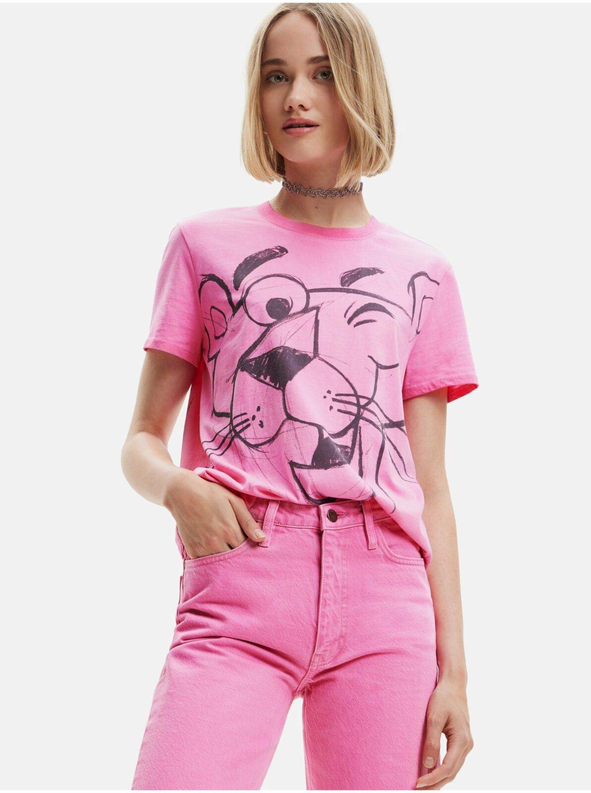 Růžové dámské tričko Desigual Pink Panther