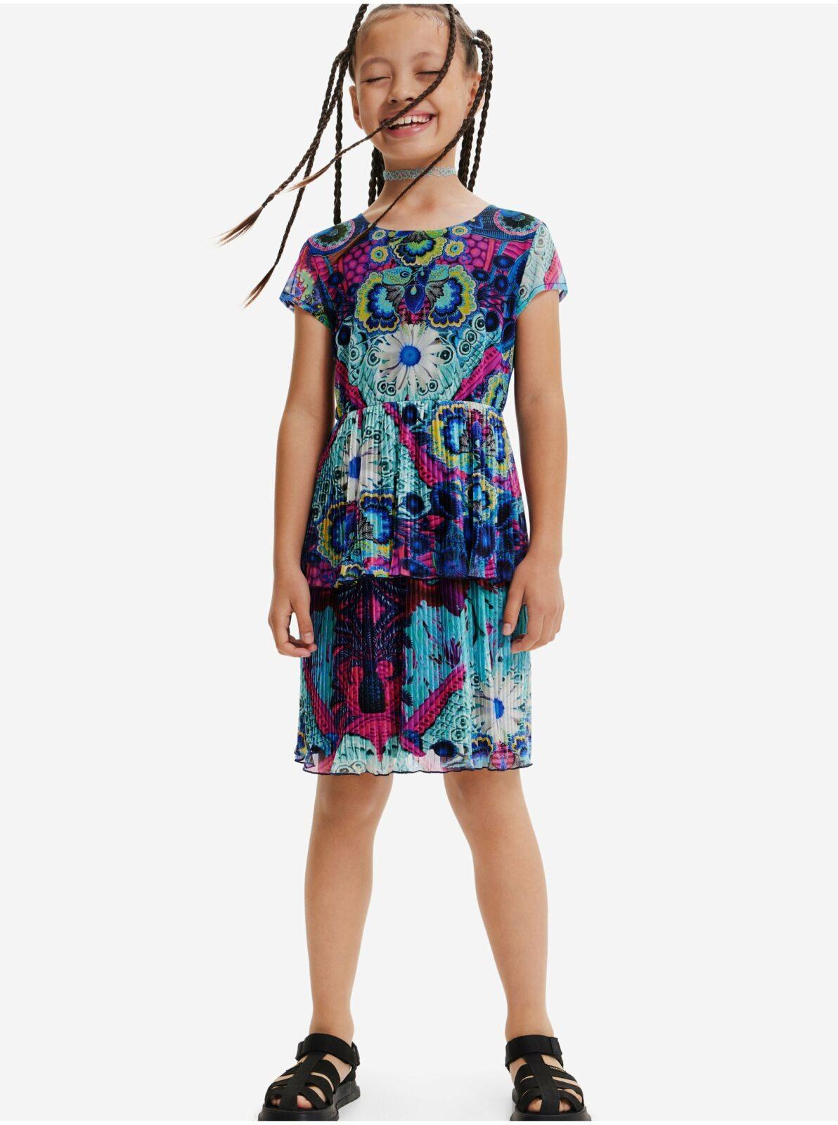 Růžovo-tyrkysové holčičí vzorované šaty Desigual