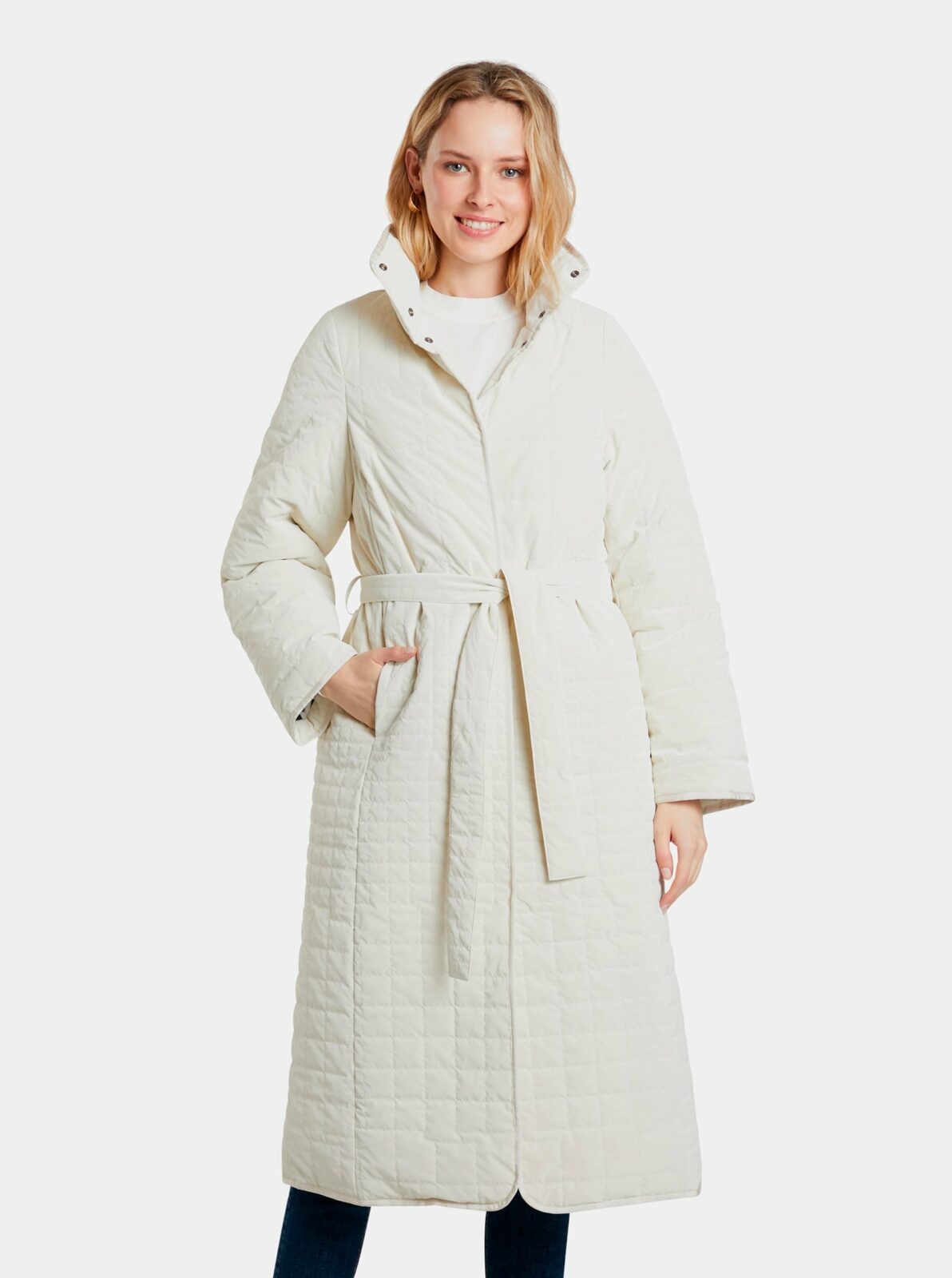 Krémový dámský prošívaný zimní kabát se zavazováním