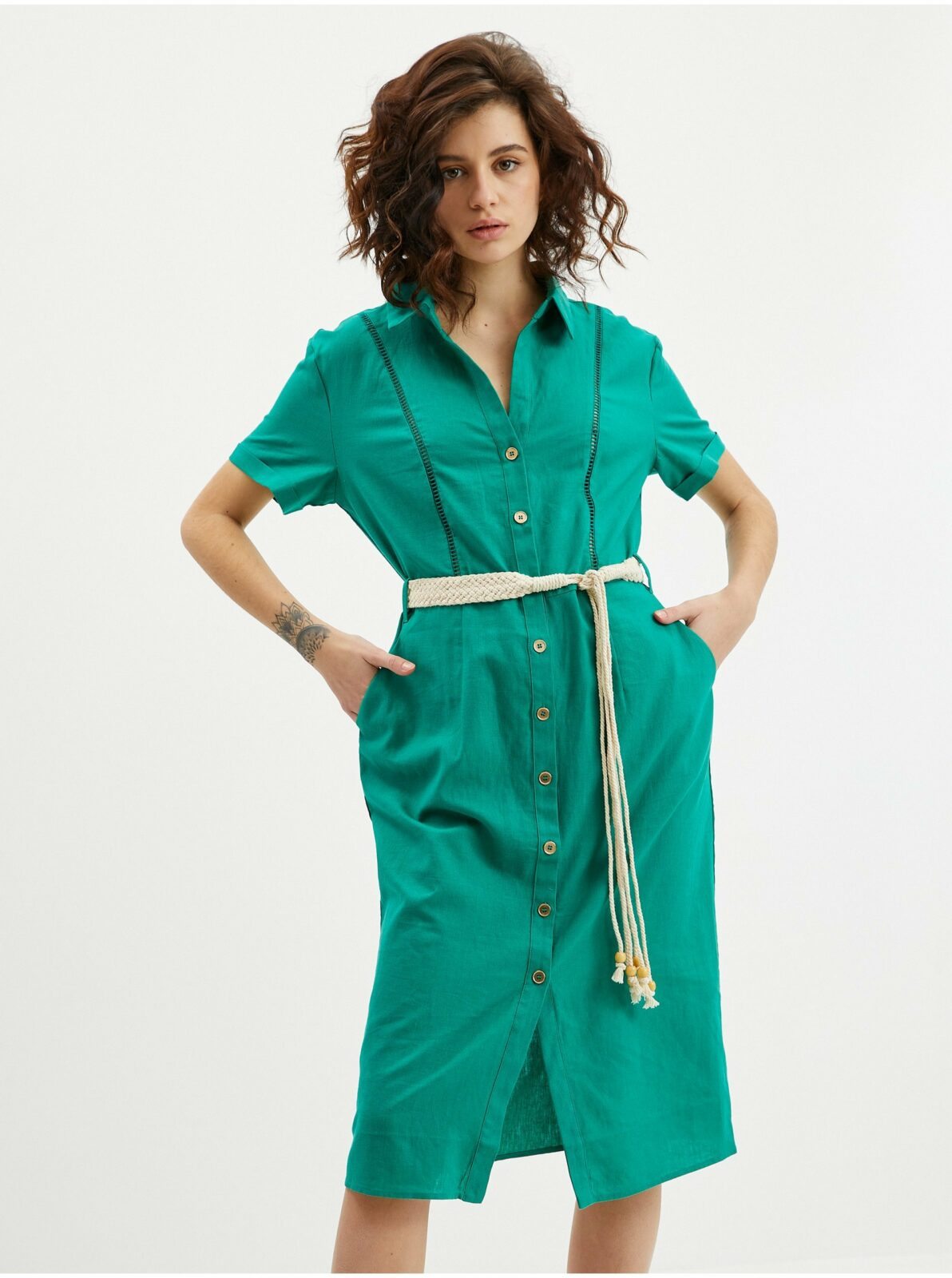 Orsay Zelené dámské lněné šaty